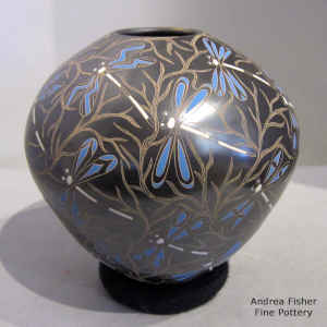 Click for a larger version Polychrome jar with sgraffito and painted dragonfly and branch design